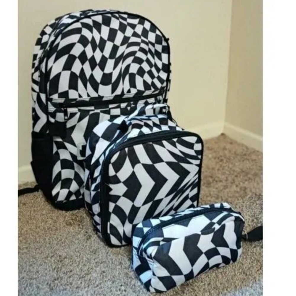 Backpack Wonder nation 17" 3 Piece Black Checkered Water Resistant,Reflective